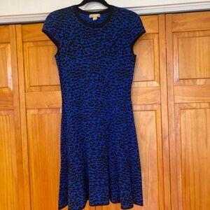 Michael Kors Collection Fit and Flare Blue and Black Leopard Knit Dress Size M